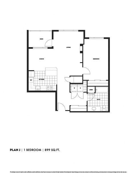 Floor plan for 1 bed, 1 bath, 899 sqft